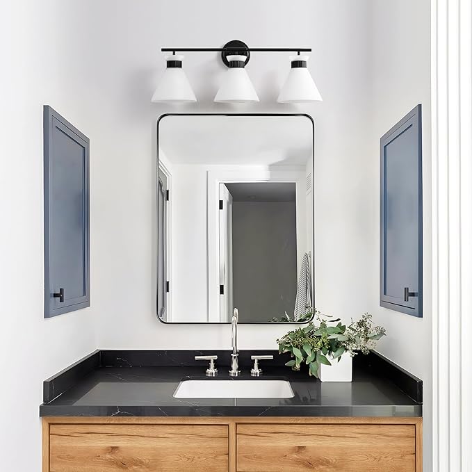Black Bathroom Vanity Light Fixtures: Vanity Lighting Fixtures over Mirror 23.4 inch with Milky White Frosted Glass, 3-Lights Farmhouse Vintage Vanity Lighting Bathroom Wall Light(Exclude Bulb)