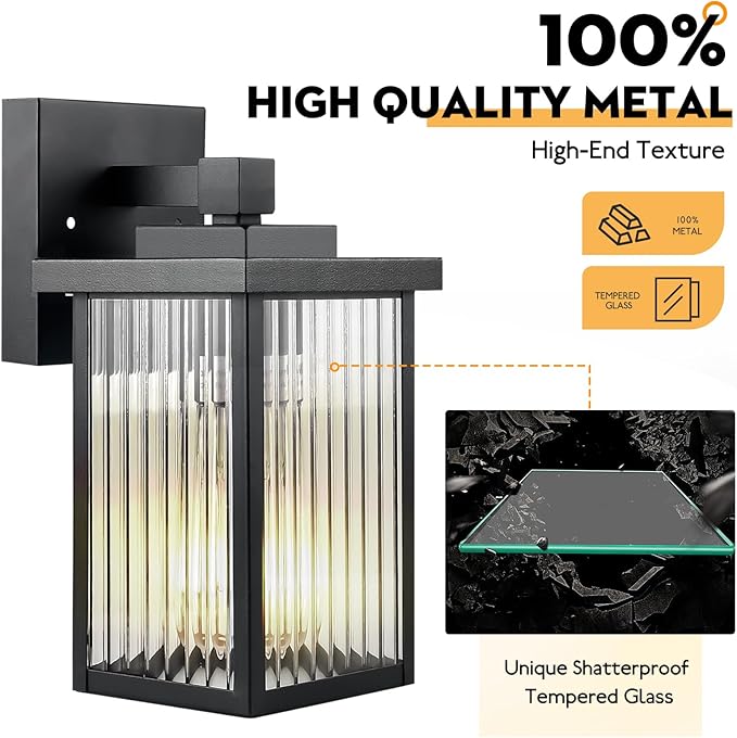 Outdoor Wall Lights for House Exterior - IP65 Waterproof Porch Lights with Textured Glass & Matte Black Metal, Easy Install Exterior Lighting Fixtures for Garage, Front Door