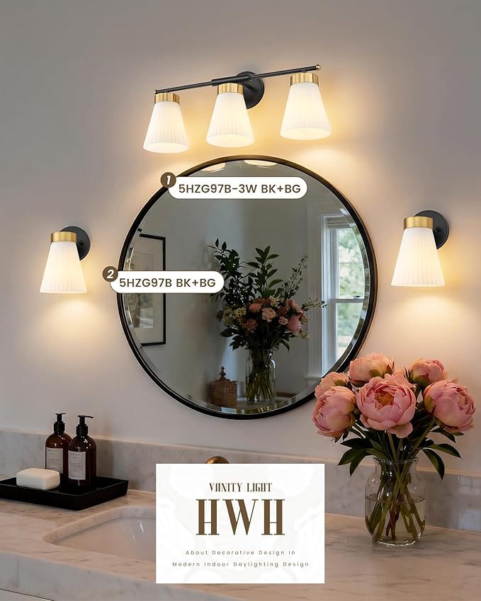 1-Light Bathroom Wall Sconce, HWH Black and Gold Wall Sconce with Frosted Milk White Striped Glass, Modern Bathroom Light Fixture for Bathroom Bedroom, 5HZG97B BK+BG