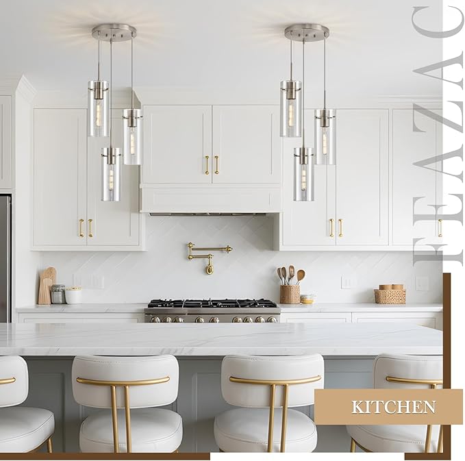 Modern Cluster Pendant Lights, Brushed Nickel Cluster Chandelier with Clear Ribbed Glass, 3 Light Pendant Lighting for Kitchen Island, Staircase, Dining Room, Living Room