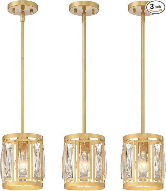 3-Pack Pendant Light Fixtures with K9 Crystals, Kitchen Island Lighting, Dining Room Light Fixture, Mini Chandelier for Kitchen Lights Ceiling, Foyer Lighting Fixtures, Gold Light Fixture