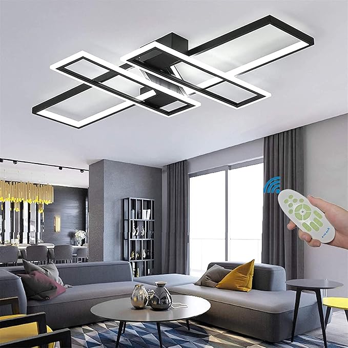 SMG Modern LED Ceiling Lights Fixture for Bedroom, 47" Remote Control Dimmable Led Chandelier, Flush Mount Square Design Ceiling Lamp for Kitchen Living Room White