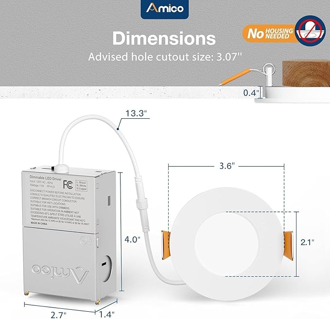 Amico 4 Pack 3 Inch 5CCT Ultra-Thin LED Recessed Ceiling Light with Junction Box, 2700K/3000K/3500K/4000K/5000K Selectable, 7W Eqv 60W 500LM Brightness Dimmable Canless Wafer Downlight, ETL
