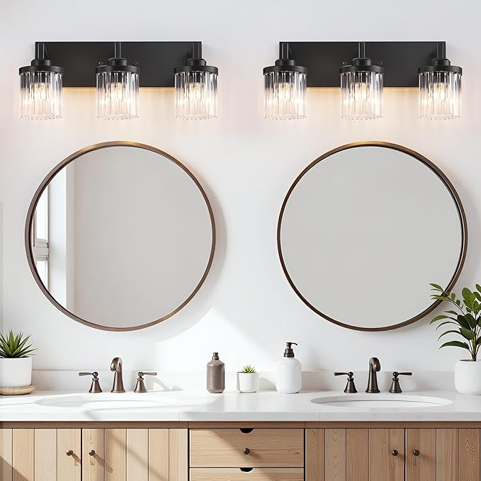 Modern Crystal Bathroom Light Fixtures, 3 Light Black Farmhouse Vanity Lights, with Crystal Glass Shade, Industrial Bathroom Lighting Fixtures Over Mirror Wall Light for Bedroom Living Room