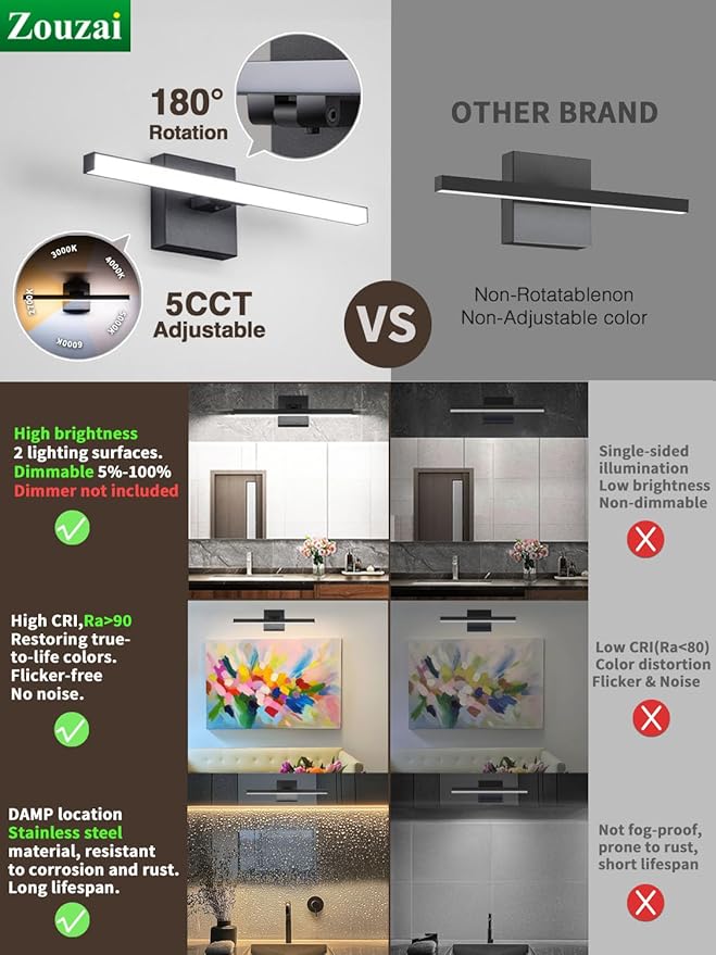 zouzai Second Generation Modern LED Bathroom Vanity Light Bar Black IP44 Over Mirror Bath Wall Fixture 5CCT Adjustable, Dual-Sided, 180° Adjustable Angle (16 inch)