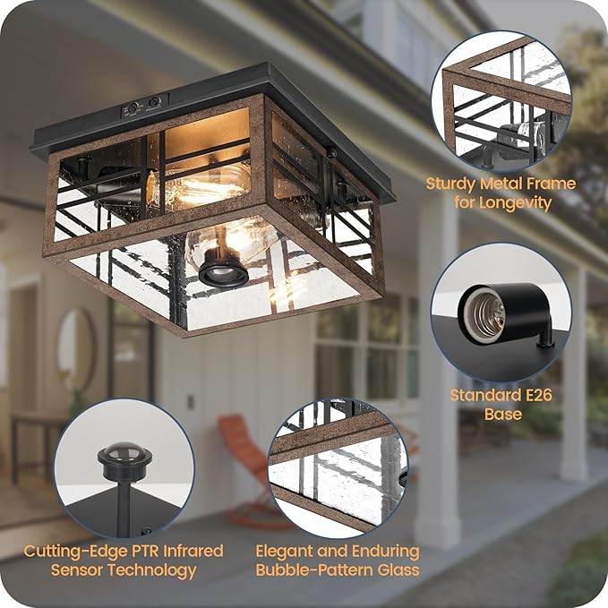 Infrared Sensor Outdoor Ceiling Light, Flush Mount Motion Sensor Ceiling Light, 2-Light Farmhouse with Bubble Glass, Bulbs Not Included, 4 Modes, for Porch, Garage, Hallway, Patio,FQ08XD05W1