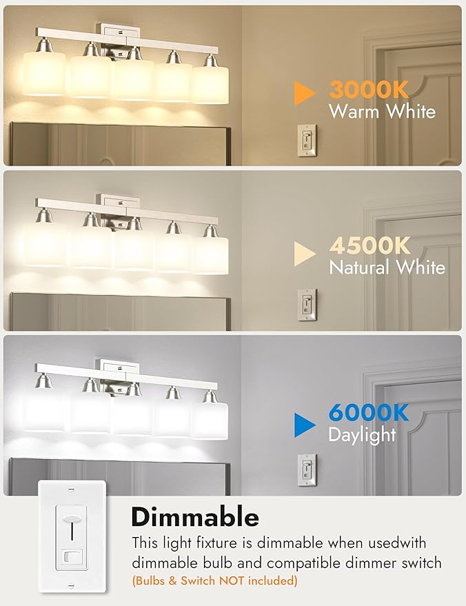 VOLISUN Brushed Nickel Bathroom Light Fixtures, 5-Light Bathroom Vanity Lights Over Mirror, Modern Vanity Light for Bathrooms, Bathrooms Lights Fixtures Over Mirror with Milky White Glass Shades