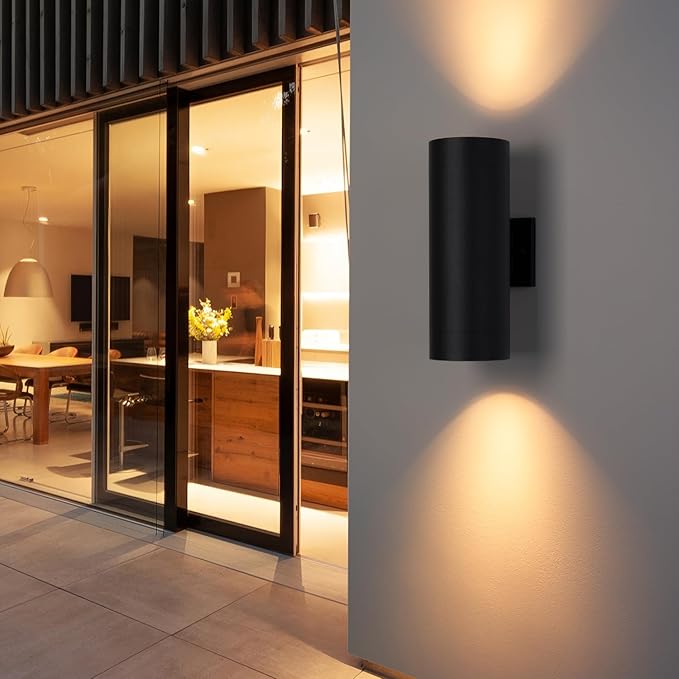mirrea 14" Modern Outdoor Porch Light Patio Light in 2 Lights with Aluminum Cylinder and Tempered Glass Cover Waterproof Wall Sconce 2 Pack (Matte Black)