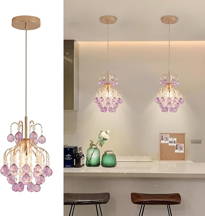 Surpars House Elegant Mini Chandelier Crystal Pendant Light,Purple (Flush Mount Type)