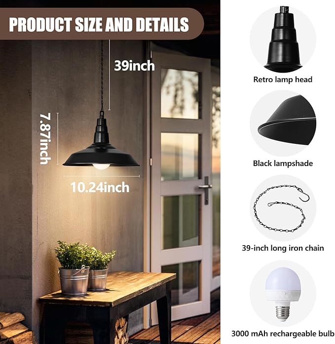 2 Pack Black Battery Operated Hanging Outdoor Chandelier, Rechargeable Portable Wireless Pendant Lights with Remote, Battery Powered Hanging Lamp Lantern for Indoor Outdoor Porch Patio Gazebo
