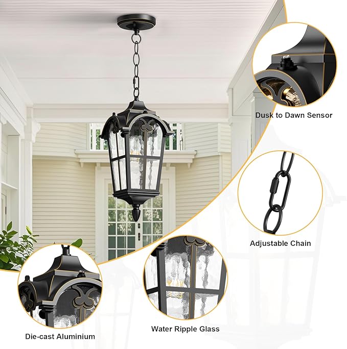 Outdoor Pendant Light Dusk to Dawn for Porch,Anti-Rust Aluminum Outdoor Chandelier, Waterproof Exterior Hanging Lighting Fixtures for Front Door, Gazebo, Black Finish with Gold Edges