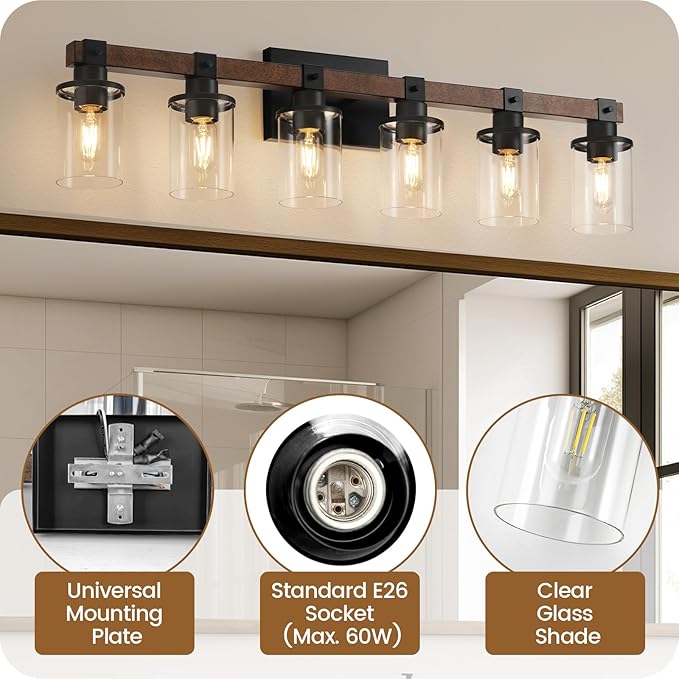 6-Light Bathroom Light Fixture, Vanity Lights for Bathroom with Glass Shade, Rustic Bathroom Light Fixtures, E26 Base F12BD05