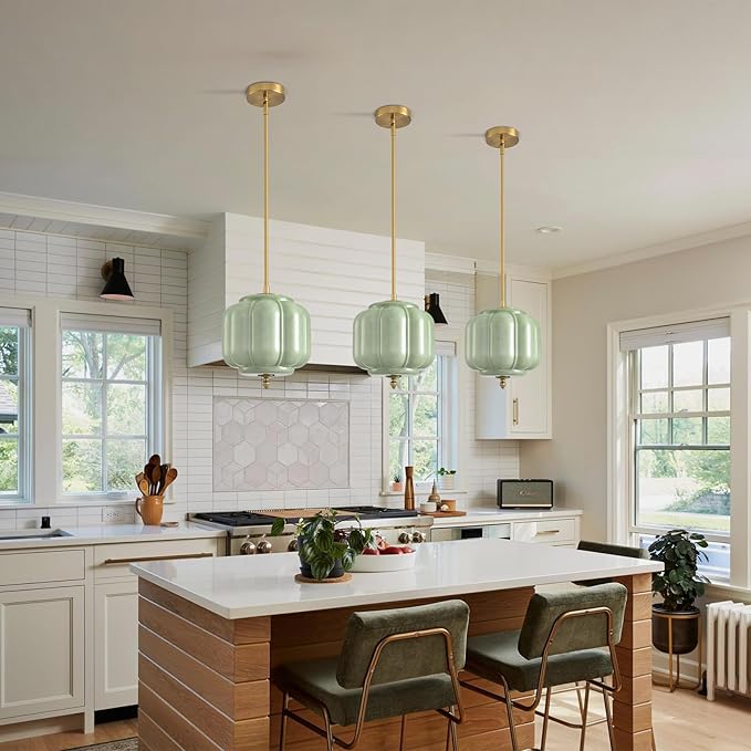 Vintage Green Glass Pendant Lights 9.8 Inch Mid Century Modern Hanging Ceiling Light, Adjustable Height Kitchen Island Hanging Lights for Dining Room, Kitchen, Hallway and Bedroom, E26 Base