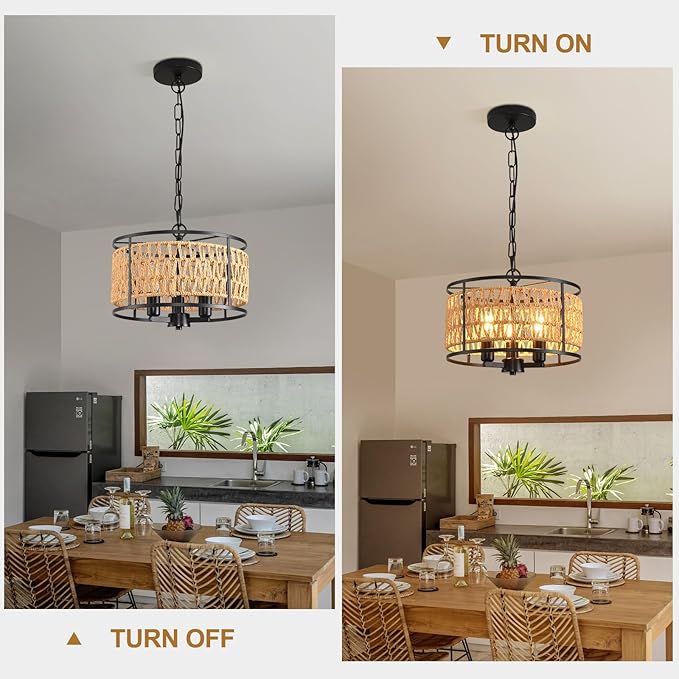 lobolighting Boho Rattan Chandelier, 11.8" 3-Lights Farmhouse Pendant Light with Hand Woven Drum Shade, Modern Black Chandelier for Dining Room Living Room Kitchen Island Bedroom