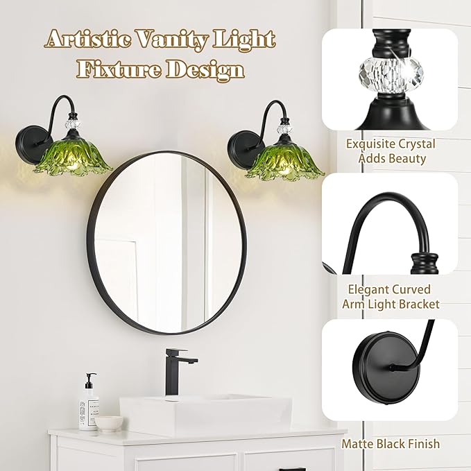 1 Piece Black Wall Sconce with Floral Green Glass Shade, Black Farmhouse Wall Mount Lighting for Bathroom,Vintage Bathroom Vanity Light Fixture