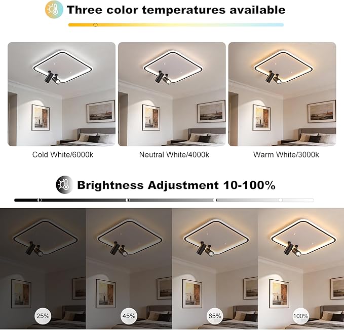 Modern Square LED Flush Mount Ceiling Light Fixture, 2 Adjustable Spotlights, Black Frame White Shade Minimalist Lighting for Living Room Bedroom Kitchen