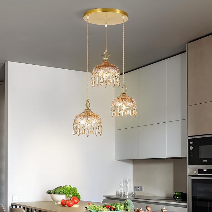 3-Light Glass Pendant Light Crystal Hanging Light Fixtures,Brass Vintage Amber Glass Pendant Lights for Kitchen Island Dining Room Living Room Bedroom Hallway(Amber,Round Chassis)