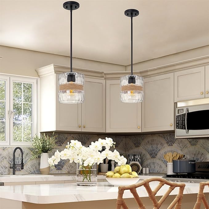 Kira Home Sage 10" Farmhouse Hammered Glass Pendant Light with Natural Rope Accent, Industrial Cylinder Glass Shade Hanging Light, Textured Black Finish