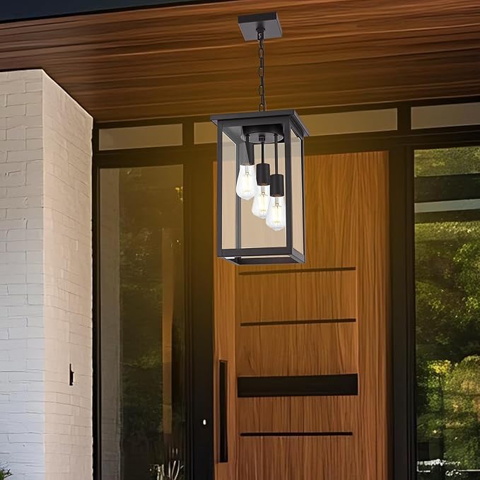 Yaohong Outdoor Pendant Light Fixture, 3-Light Vintage Oil Rubbed Bronze Farmhouse Exterior Hanging Lights with Clear Glass and Adjustable Chain, Outdoor Hanging Lantern for Porch Entrance Foyer Front
