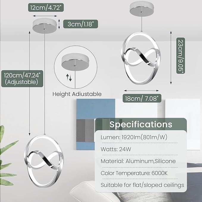 Modern LED Pendant Light Fixtures 5500K Pendant Lights Kitchen Island Lighting Adjustable Height Chrome Hanging Lamp for Dining Room Bedroom Living Room,3 Packs