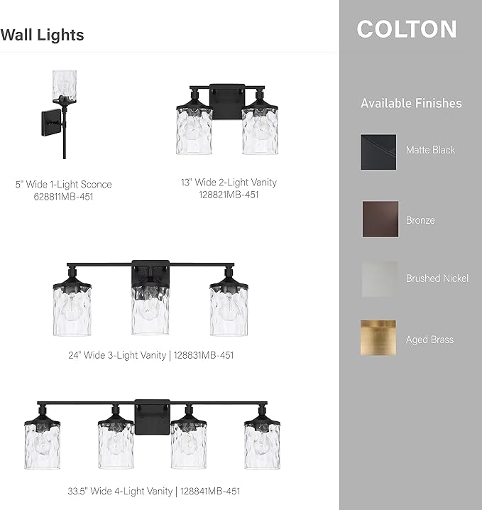 HomePlace Lighting 128821MB-451 Colton Mid-Century Clear Water Glass Bathroom Vanity Wall Light, 2-Light 200 Total Watts, 10" H x 13" W, Matte Black