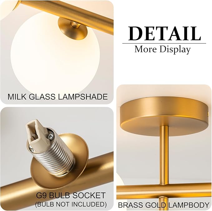 EDISLIVE 5-Light Semi Flush Mount Ceiling Light Frosted Globe, 26.4 in Modern Brass Sputnik Light Fixture Chandeliers with Milk Glass Shade Gold Finished