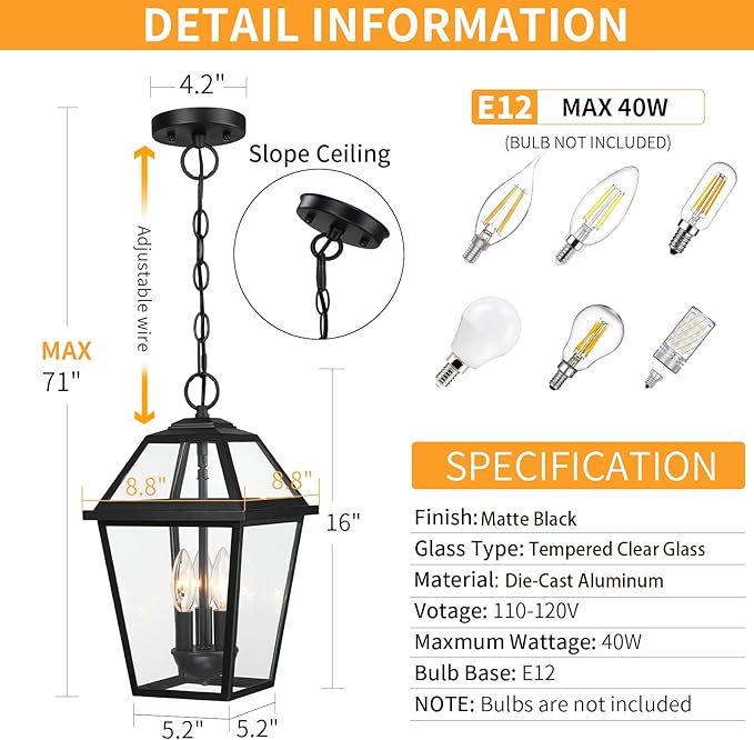 Modern 3-Light Large Outdoor Pendant Light for Porch, 16" Matte Black Exterior Hanging Light Fixture, IP65 Waterproof Anti-Rust Outdoor Chandelier Lantern for Front Door, Balcony, Sloped Ceiling