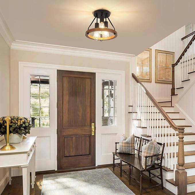Modern Farmhouse Wood Semi Flush Mount Ceiling Light, Hallway Light Fixtures, Entryway Light Fixture, 3-Light Rustic Industrial Ceiling Lamp for Kitchen Bedroom Laundry Dining Room Lighting Fixtures