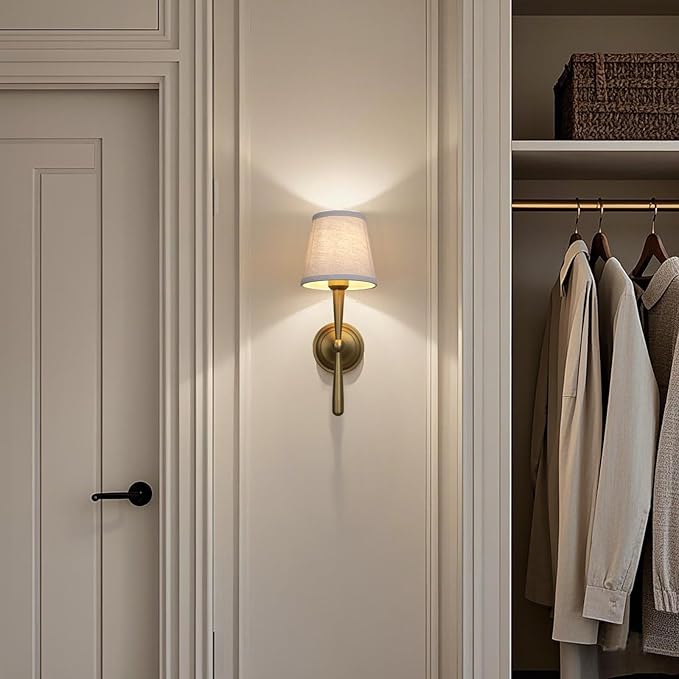 Sconces Wall Lighting Set of Two with Boho Linen Fabric Shade, E26 Aged Brass Vanity Bathroom Wall Lamps, Hardwired Indoor Wall Lights for Living Room Bedside Nightstand Light