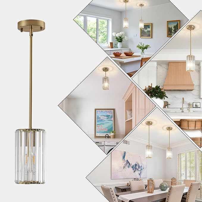 Gold Modern Crystal Pendant Lights Hanging Light Fixture, 2 Pack Pendant Lights Kitchen Island Adjustable Mini Pendant Lighting Fixtures for Kitchen Island Dining Room Hallway Bedroom