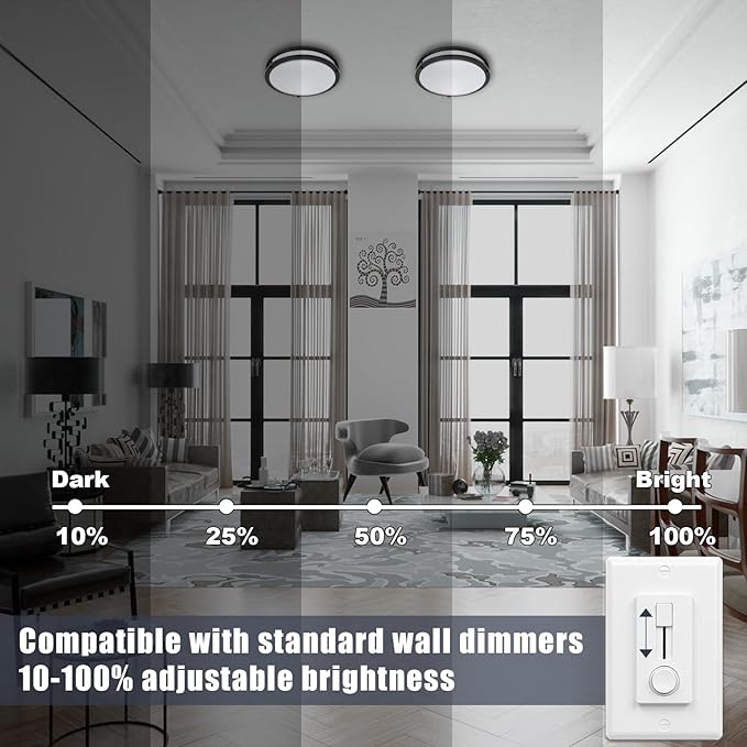 OOWOLF 36W Flush Mount Ceiling Light Fixture, Dimmable & 5CCT Ceiling Light, 3000K 3500K 4000K 5000K 6000K Warm White/Daylight/Cold White Adjustable Ceiling Lamps Black, 12Inch