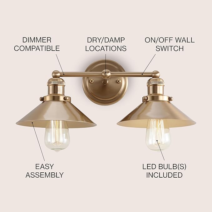 JONATHAN Y 17.5" Brass Gold 2-Light Industrial Farmhouse Metal Vanity Light Wall Sconce, Metal Shade for Bathroom Mirror, Kitchen, Entryway, LED Bulb Included (JYL7430A)