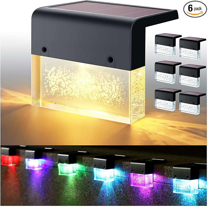 DenicMic Solar Deck Lights Outdoor Waterproof 6 Pack Fence Step Patio Decor | Warm White/Color Changing LED Outside Stair Railing Wall Pool Side Yard Garden 10 Lumen Acrylic Bubble Square Lampshade ABS