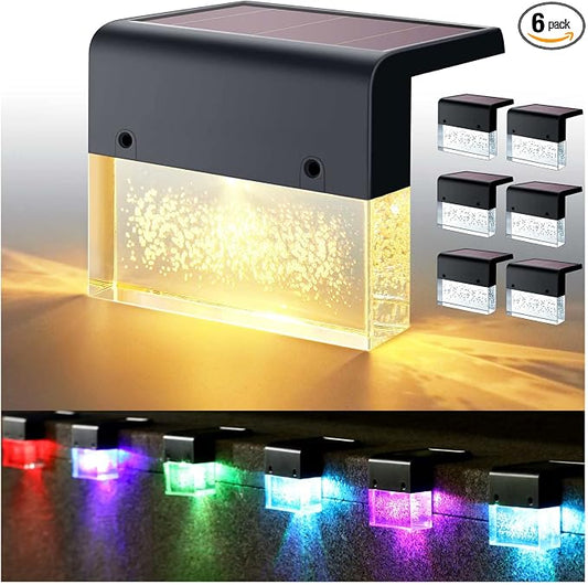 DenicMic Solar Deck Lights Outdoor Waterproof 6 Pack Fence Step Patio Decor | Warm White/Color Changing LED Outside Stair Railing Wall Pool Side Yard Garden 10 Lumen Acrylic Bubble Square Lampshade ABS