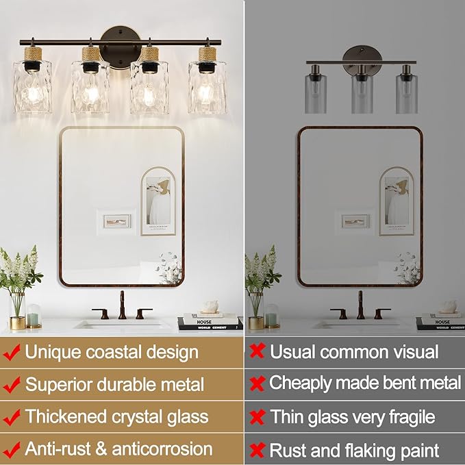 MOKATNG Bathroom Light Fixtures, 4-Light Coastal Vanity Lights with Crystal Glass Shade, Oil-Rubbed Bronze Bathroom Wall Lamp for Mirror Kitchen Hallway Cabinet