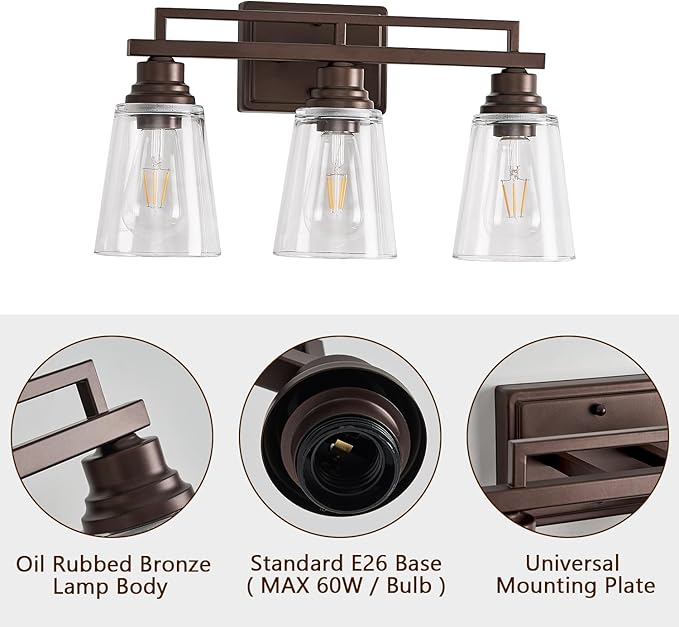 Refice Bathroom Vanity Lights, Bathroom Light Fixtures Over Mirror, Oil Rubbed Bronze 3-Light Wall Lamps Vintage with Clear Glass Shades for Mirror, Living Room, Farmhouse, Hallway