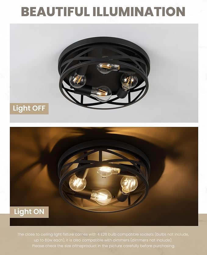 Black Flush Mount Ceiling Light Fixtures,4-Light Black Hallway Light Fixture Ceiling Mount for Farmhouse,Kitchen, Bedroom 1 Pack