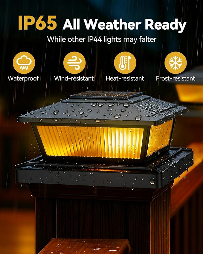 KEILAIMO Solar Post Cap Lights Outdoor for 4x4 5x5 6x6 Wood/Vinyl Posts, 12 Pack Fence Post Solar Lights with Flickering Flame & Warm Modes for Deck/Garden/Patio, IP65 Waterproof - Black