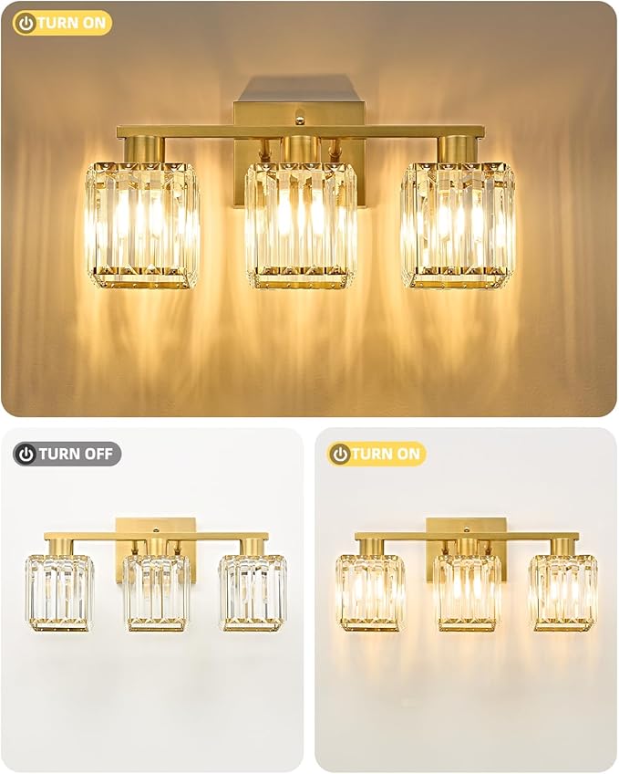 OKELI 3-Light Bathroom Light Fixtures, Modern Gold Crystal Wall Light for Bathroom,Lighting Fixtures Over Mirror