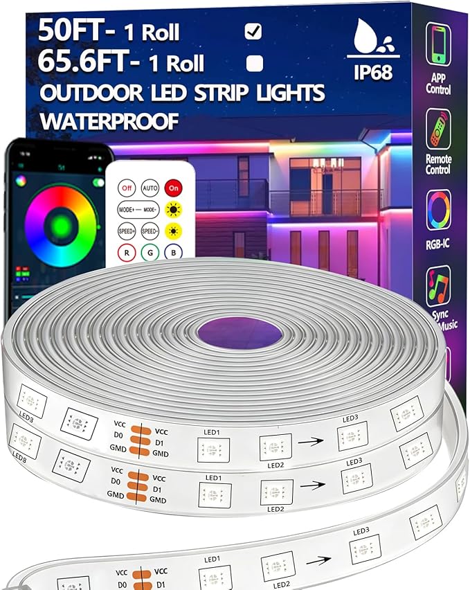 50FT Outdoor LED Strip Light Waterproof,IP68 Outside RGB Light Strip with App/Remote Control,Chase Mode,Music Sync Rope Light for Balcony,Deck,Rooftop,Garden,Pool