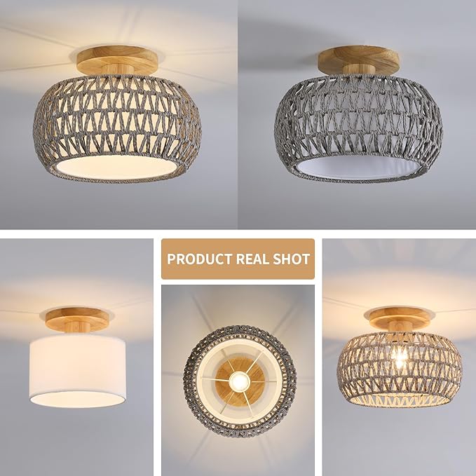 Boho Rattan Ceiling Light Fixture - 3 Style Options Wicker Semi Flush Mount Ceiling Lights,Grey Coastal Light Fixtures,Bohemian Woven Basket Chandelier for Hallway Bedroom Nursery Kitchen Laundry