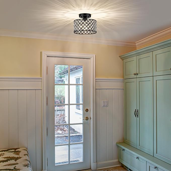Black Crystal Ceiling Light Fixture,Modern Semi Flush Mount Ceiling Lighting Fixture,Round Small Chandelier for Hallway, Entryway, Laundry Room, Kitchen, Bedroom, Foyer, Bathroom, 1 Light, 9 inch