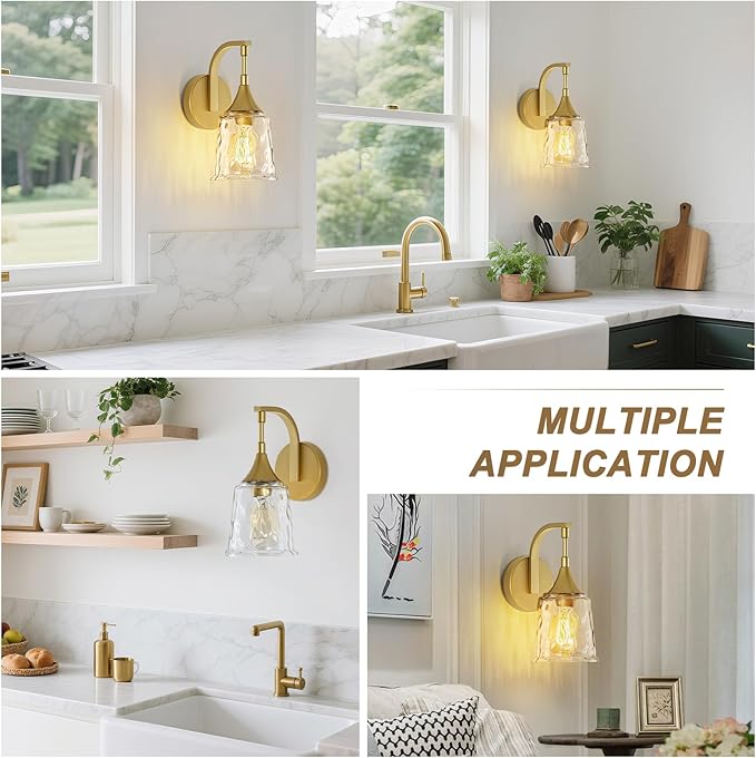 Gold Wall Sconce for Bathroom,1-Light Hardwired Wall Light Fixture with Water Ripple Glass Shade, Vintage Brass Sconce Lights for Bedroom Hallway Entryway
