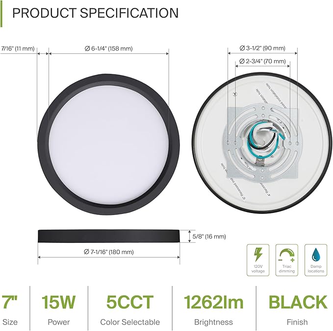 ASD LED 7" Round Flush Mount Ceiling Light Fixture, Low Profile Surface Lighting | 5CCT, Dimmable, Ultra-Thin, ETL Listed | 15W 1260LM 2700-6000K 120V | Kitchen, Bedroom, Hallway Lamp | Black
