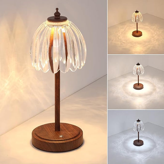 Shenmoyl Tulip Table Lamp with 5200mAh Battery & Touch Control, Small Cordless Table Lamp with 3 Colors, Rechargeable Battery Operated Table Lamps for Bedroom, Desk, Bedside (Transparent-Walnut Color)
