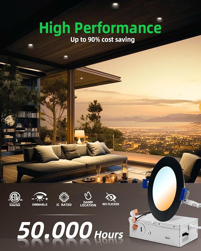 zouzai 24 Pack 4 Inch Black 5CCT Selectable Ultra-Thin LED Recessed Ceiling Light with Junction Box,9W Eqv 80W, Dimmable, led can Lights - ETL and Energy Star Certified