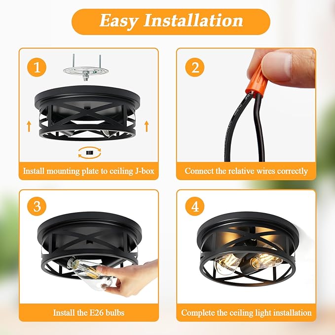 2-Light Flush Mount Ceiling Light Fixture, Farmhouse Ceiling Lights for Kitchen, Modern Black Close to Ceiling Light for Hallway Bedroom Balcony Porch Stairway, E26 (1 Pack)