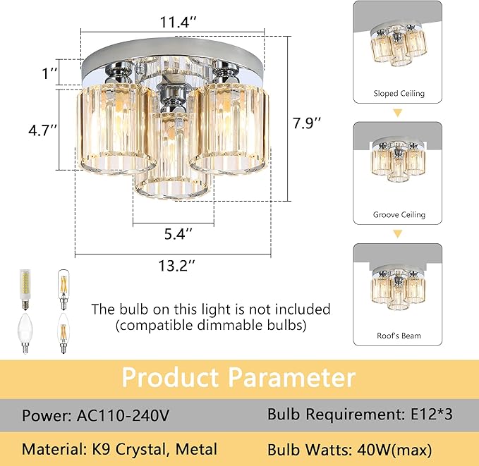 3-Light Glam Drum Chandelier Crystal Ceiling Light Fixture Kitchen Chandeliers with Clear Crystal for Bedroom Entrance Foyer Silver