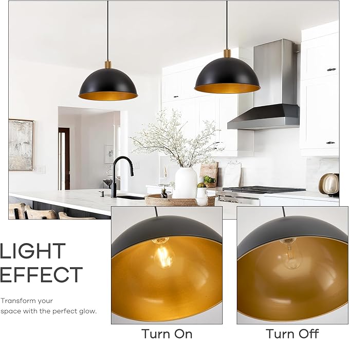 16 Inch Black Dome Pendant Lights for Kitchen Island, Height Adjustable Farmhouse Industrial Hanging Light Fixtures Over Table for Dining Room, Entryway, 1 Pack