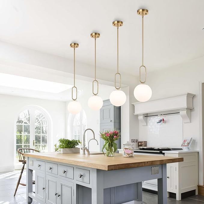 Modern Gold Globe Pendant Light White Globe Glass Shade 2 Pack Brushed Brass Finished Adjustable Rods Hanging Light Fixtures for Kitchen Island Living Room